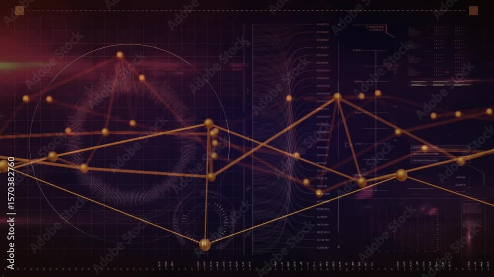 Poster interface opening causing golden nodes network emerging and connecting, pulsing data visualization