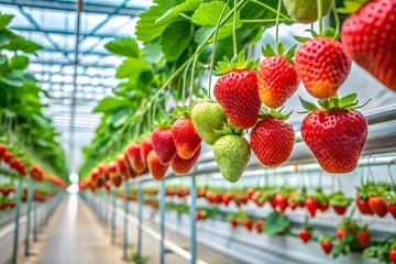 Rows of ripe and green strawberries growing in a modern greenhouse on hanging systems