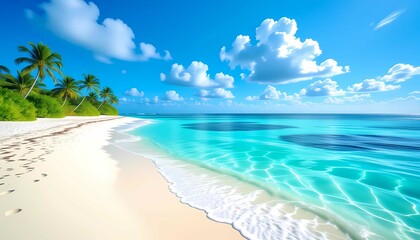 Scenic summer landscape featuring a bright blue sea, white shore, palm shadows, and calm horizon