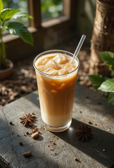 Refreshing Iced Coffee Drink with Spices on Rustic Table