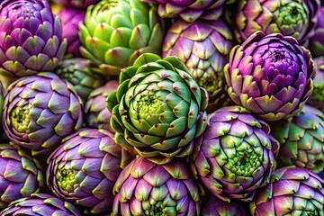 Fototapeta premium Vibrant purple and green artichokes stacked together creating a beautiful natural pattern