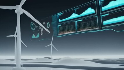 Futuristic wind turbine in a digital landscape with data overlays showcasing energy metrics - Powered by Adobe