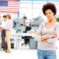 Confident Black entrepreneur meets the camera in a stylish office, US flag draped behind, her steady gaze radiates leadership and ambition.