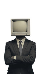 Businessman with TV head, arms crossed