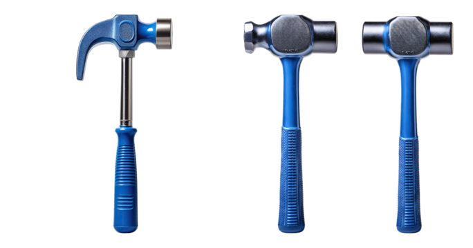 Three Different Types of Blue Hammers for Construction and DIY, PNG bundle collection, Isolated on Transparent Background