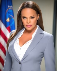 Confident Black entrepreneur meets the camera in a stylish office, US flag draped behind, her steady gaze radiates leadership and ambition.