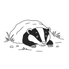 A cartoon badger with bold facial stripes peeks out from its burrow, surrounded by grass and rocks in a playful setting.