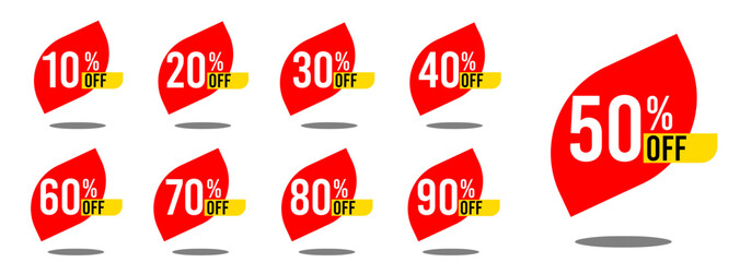 10% off 20% off 30% off 40% off 50% off 60% off 70% off 80% off 90% off ten twenty thirty forty fifty sixty seventy eighty ninety percent off, retail discount, promotion, sale, percentage, set.	

