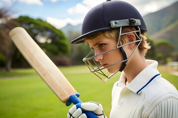 Young boy wearing a cricket helmet and holding a bat focused on the game outdoors