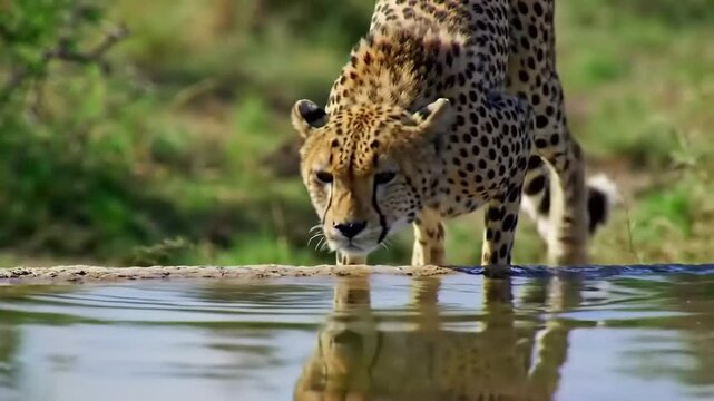 Cheetah drinking with African savanna.