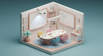 3D rendered isometric view of a vibrant and modern meeting room with colorful chairs and a large projector screen