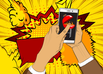 Cartoon Smartphone, comic book Telephone with Burning wood in barbeque grill. Retro vector comics pop art design.