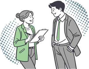 Business meeting between man and woman with clipboard discussion collaboration