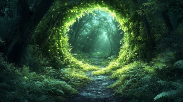 Lush forest pathway encircled by vibrant greenery leads to a sunlit portal.