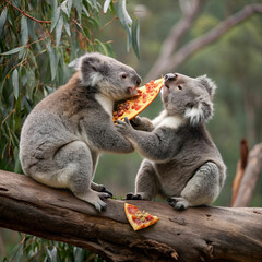 Naklejka premium koala couple holding pizza slices lovingly