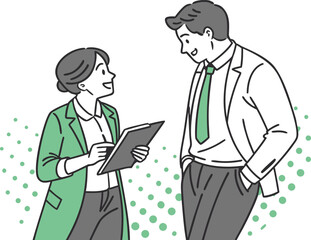 Business professionals discussing documents with green accents discussion clipboard