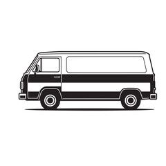 Black and white illustration of a classic vintage delivery van isolated on white background