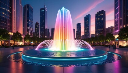 Obraz premium Colorful Illuminated Fountain in Urban Plaza at Sunset