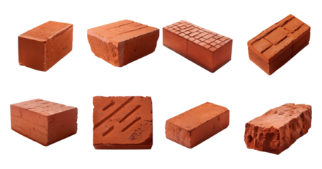 Variety of Red Bricks with Different Textures and Shapes for Construction, PNG bundle collection, Isolated on Transparent Background