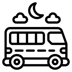 bus night adventure touring outline icon and illustration