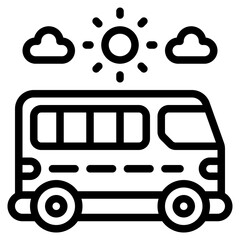 sunny weather bus adventure touring outline icon and illustration