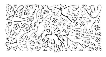 Funky childish crayon drawn birds, doves or pigeons. Cute doodles flying birds with flowers and hearts. Hand drawn simple abstract animals. Naive cute symbol of peace. Vector ink illustration.