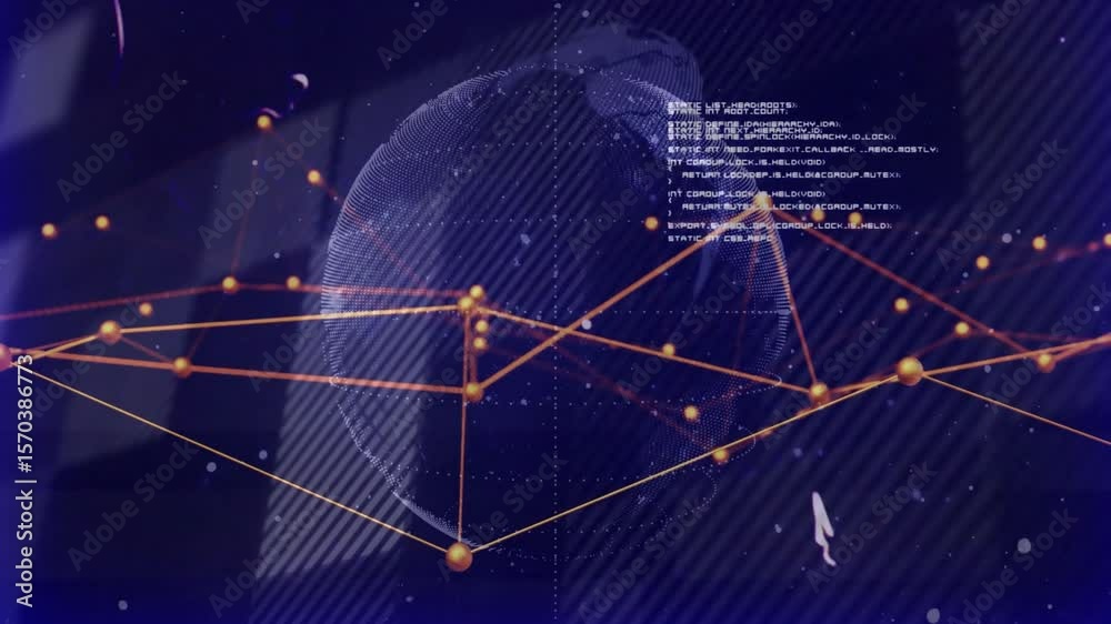 Poster 3D digital globe fading in starting rotating web with pulsing nodes and code showing connectivity