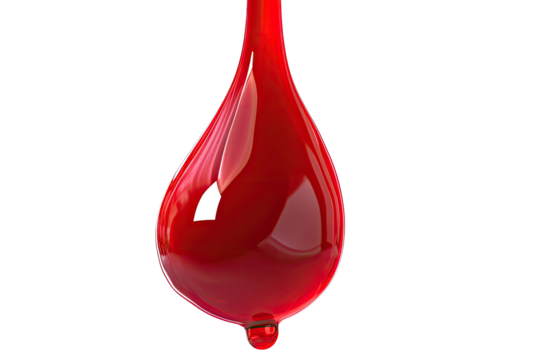 Close-up of a vibrant, teardrop-shaped red liquid droplet