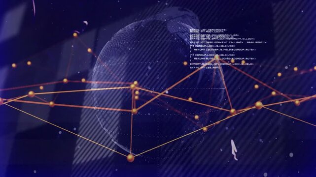 3D digital globe fading in starting rotating web with pulsing nodes and code showing connectivity