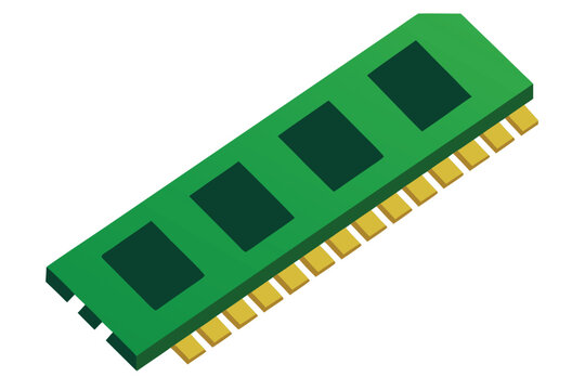Green computer ram module with gold connectors on white background
