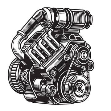 Detailed black and white illustration of a high performance internal combustion engine