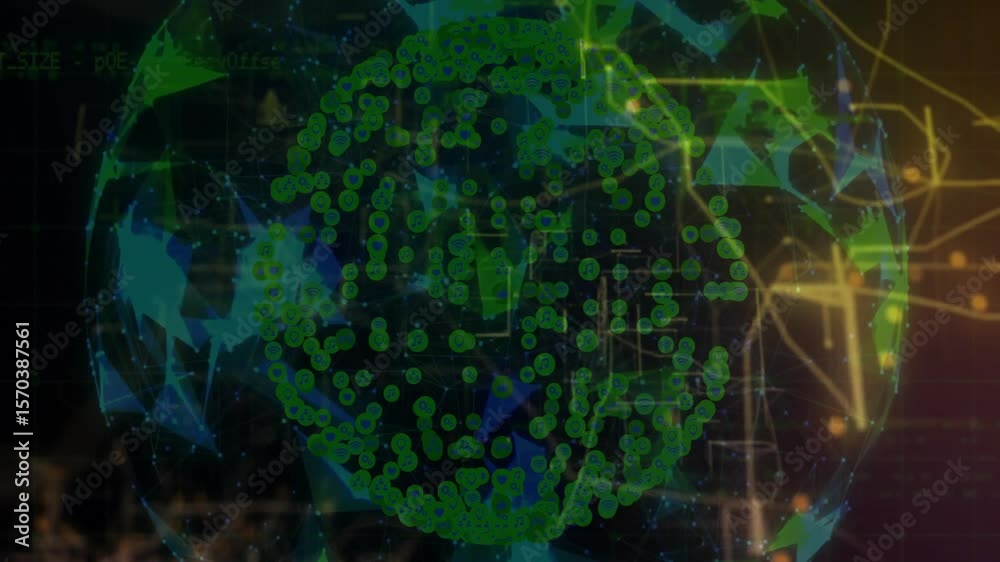 Poster on startup 3d network sphere rotating with circuit lines extending, pulsing to show data flow