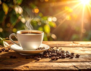 Hot coffee outdoors, morning sun