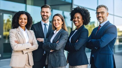 Diverse Business Professionals Team Standing Confidently Outside Modern Office Building
