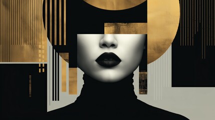 Elegant abstract portrait of a woman with black lips and geometric gold shapes on a black and gray background in modern art style