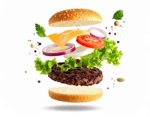 Exploded burger ingredients