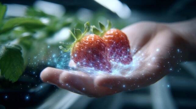 digital hologram showing fruit ripening process, educational agriculture technology scene