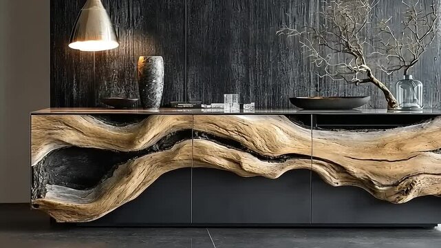 Modern wooden sideboard with unique design against textured wall, featuring decorative elements