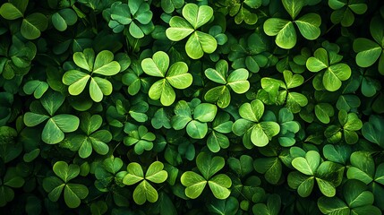 Abundant threeleaf clover field, closeup of vibrant green shamrocks for st. patrick's day