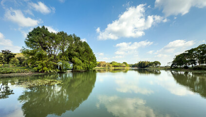 Tranquil Lake Landscape with Lush Greenery and Reflections in the Sky