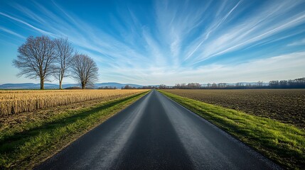 Fototapeta premium Asphalt road through fields under a cloudy blue sky with distant mountains and bare trees
