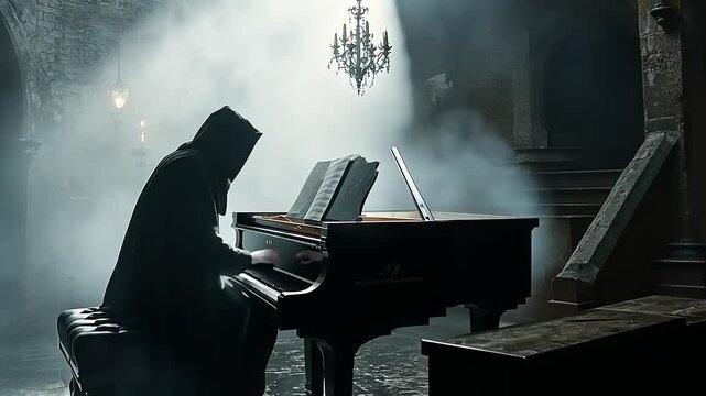 Mysterious figure in a hooded cloak playing piano in a foggy, dimly lit, abandoned hall