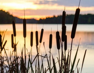 Sunset Silhouette Of Cattails On A Pond