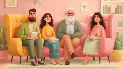 Four people seated on a sofa, in a softly-lit room