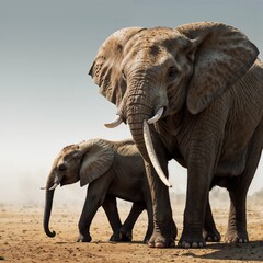 Fototapeta premium A large elephant with long tusks standing next to a smaller elephant on a dry dusty landscape scene