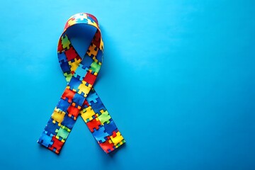 Colorful autism awareness ribbon symbol of support and understanding on a vibrant blue background