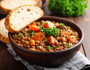 Hearty Lentil Soup with Sweet Potatoes in Brown Bowl