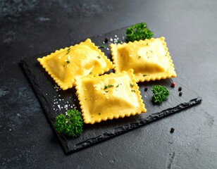 Three Golden Tortellini On Dark Slate Plate