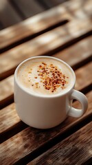 Cappuccino in a white mug sprinkled with spice on a wooden slatted table