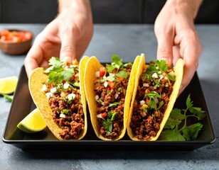 Three Beef Tacos On Dark Plate With Hands
